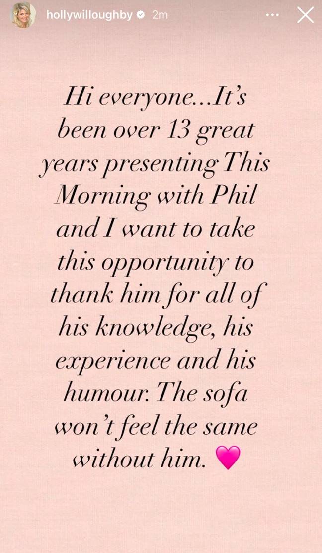Holly Willoughby released a statement after Phillip Schofield left This Morning.  Credit: Instagram/@hollywilloughby