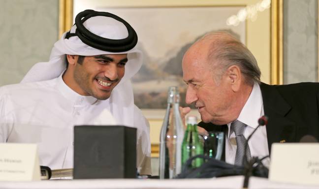 Qatar's 2022 World Cup bid Chief Sheikh Mohammed Al-Thani and then FIFA president Sepp Blatter in 2013. Credit: REUTERS / Alamy Stock Photo