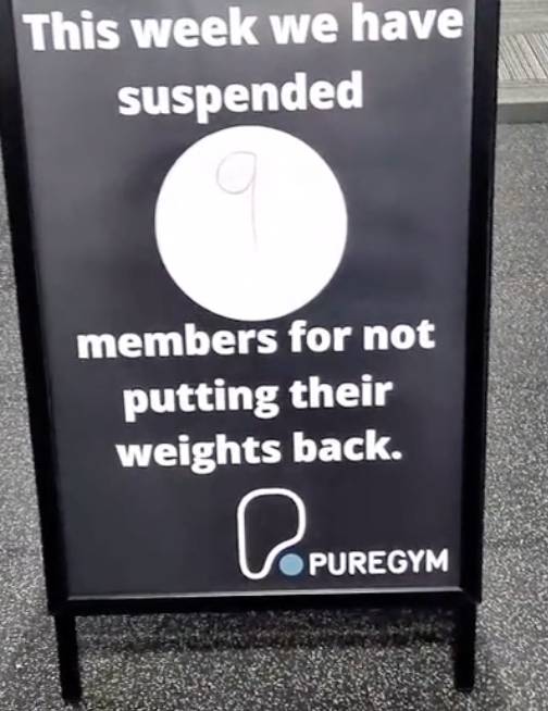 The other side of the sign revealed nine members had already been suspended that week for failing to put away their weights. Credit: @robherbertfit/ TikTok