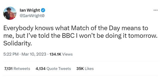 Ian Wright said he would be showing solidarity with Gary Lineker by not appearing on Match of the Day. Credit: Twitter/@IanWright0