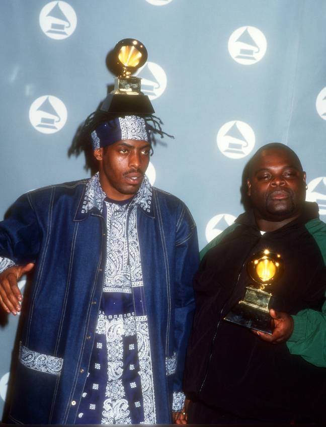 Coolio and singer L.V in 1996 with their Grammy Awards. Barry King / Alamy 