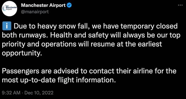 Manchester Airport has closed its runways because of heavy snowfall. Credit: @manairport/ Twitter