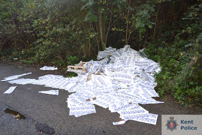About £5 million of the fake cash was found dumped by the side of a road by a dog walker. Credit SWNS/Kent Police