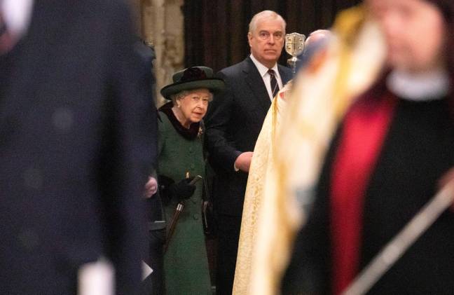 Queen Elizabeth II and the Duke of York arrive at a Service of Thanksgiving for the life of the Duke of Edinburgh, at Westminster Abbey in London. Credit: PA Images / Alamy Stock Photo.