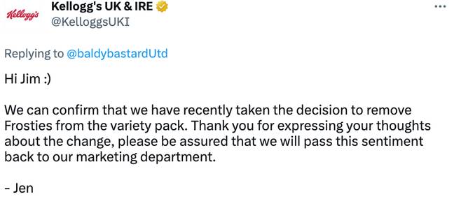 Kelloggs swiftly replied to the disappointed customer, explaining Frosties are no more in the variety packs. Credit: Twitter