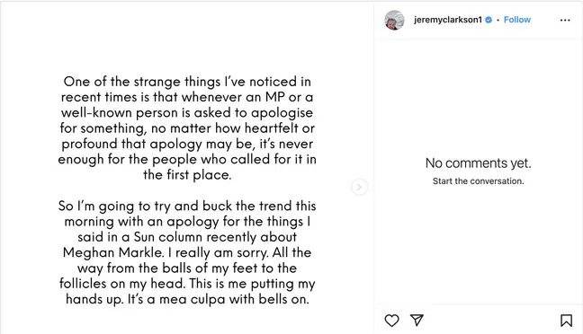 The Grand Tour presenter apologised over the comments he made. Credit: jeremyclarkson1/Instagram 
