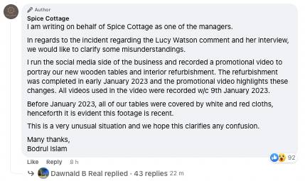 The restaurant was forced to issue a statement over the matter. Credit: Spice Cottage/Facebook