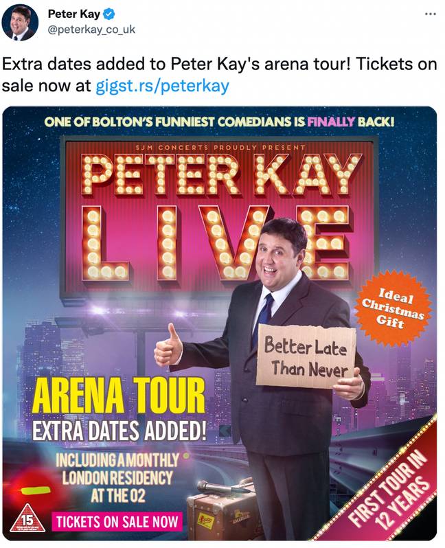 Kay is set to return to the stage after 12 years. Credit: @peterkay_co_uk/Twitter