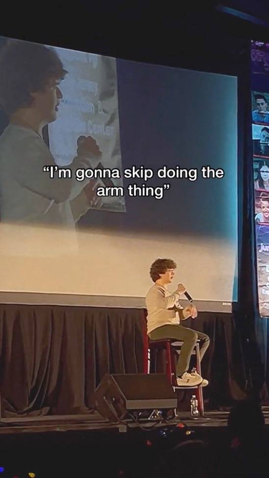 Stranger Things star Gaten Matarazzo says doctors have warned that his famous arm trick could have caused his spine condition. Credit: TikTok/@paigedella