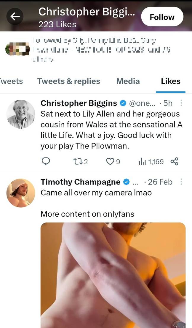 Christopher Biggins' account was seen liking some X-rated content. Credit: Twitter