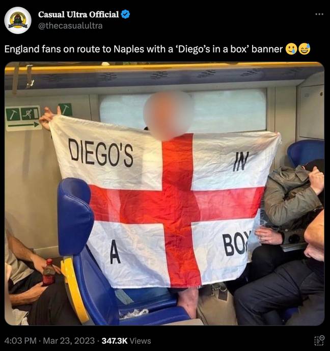 The flag mocks Diego Maradona's death in 2020. Credit: Twitter/ @thecasualultra