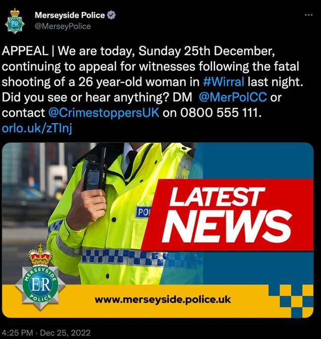 Police are appealing for information to help them track down the shooter. Credit: @MerseyPolice/ Twitter
