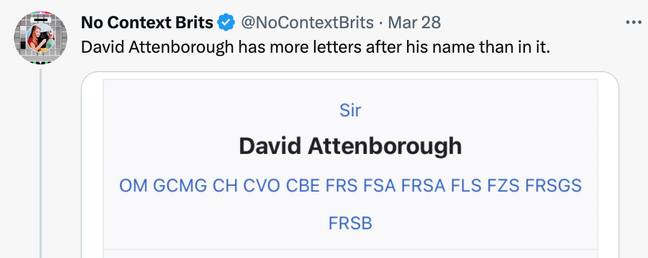 Attenborough has achieved a lot in his 96 years. Credit: Twitter/@NoContextBrits