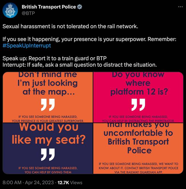 British Transport Police offer advice on how to safely intervene as a bystander. Credit: Twitter/ @BTP