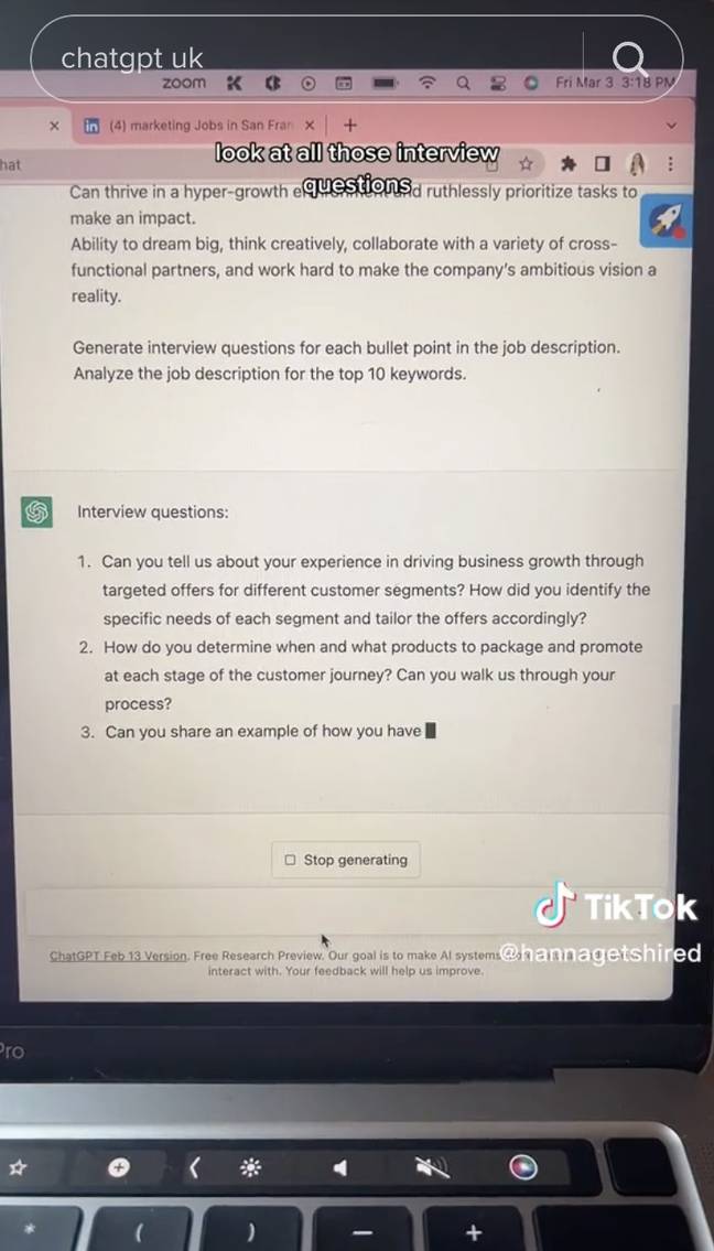 She used ChatGPT to generate interview questions to prep from. Credit: TikTok/@hannagetshired