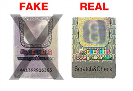 Fake vs real holographic stickers. Credit: Vape Green