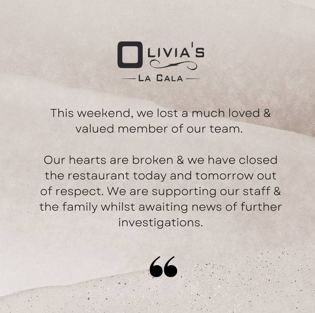 TrivDaily - Man arrested after doorman dies while ‘trying to break up a fight' at TOWIE star Elliott Wright's restaurant 60 Eliott Wright's Spanish restaurant Olivia's put out a statement. Credit: Olivia's/@olivias_la_cala