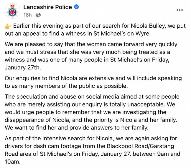 The Lancashire Police released a statement to Facebook about the witness. Credit: Lancashire Police/Facebook