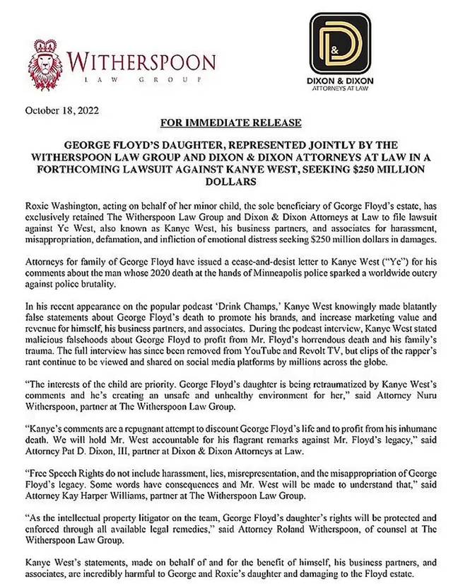 The press release regarding West. Credit: Witherspoon Law Group and Dixon and Dixon Attorneys