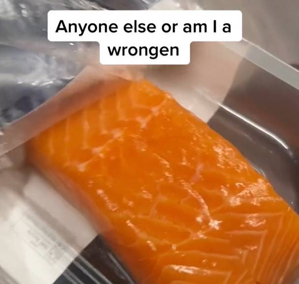 Raw salmon right out of the packet, yummy snack or forbidden food? Credit: TikTok/@aggiedayx