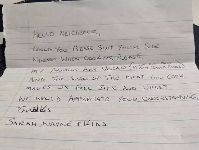 The first letter sent by the plant-based neighbour. Credit: Facebook/@Hey Perth