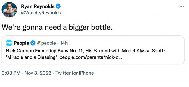 Ryan Reynolds trolled Cannon as his 11th child was announced. Credit: @VancityReynolds/Twitter