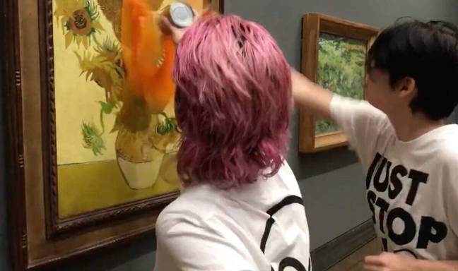 The protesters hurl soup over the priceless artwork. Credit: Twitter