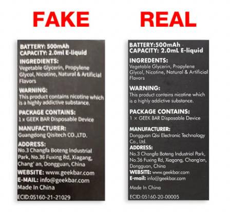 A fake vs real manufacturer detail box. Credit: Vape Green