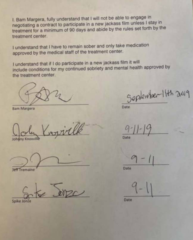The 'wellness agreement' Margera signed ahead of 'Jackass Forever'. Credit: TMZ