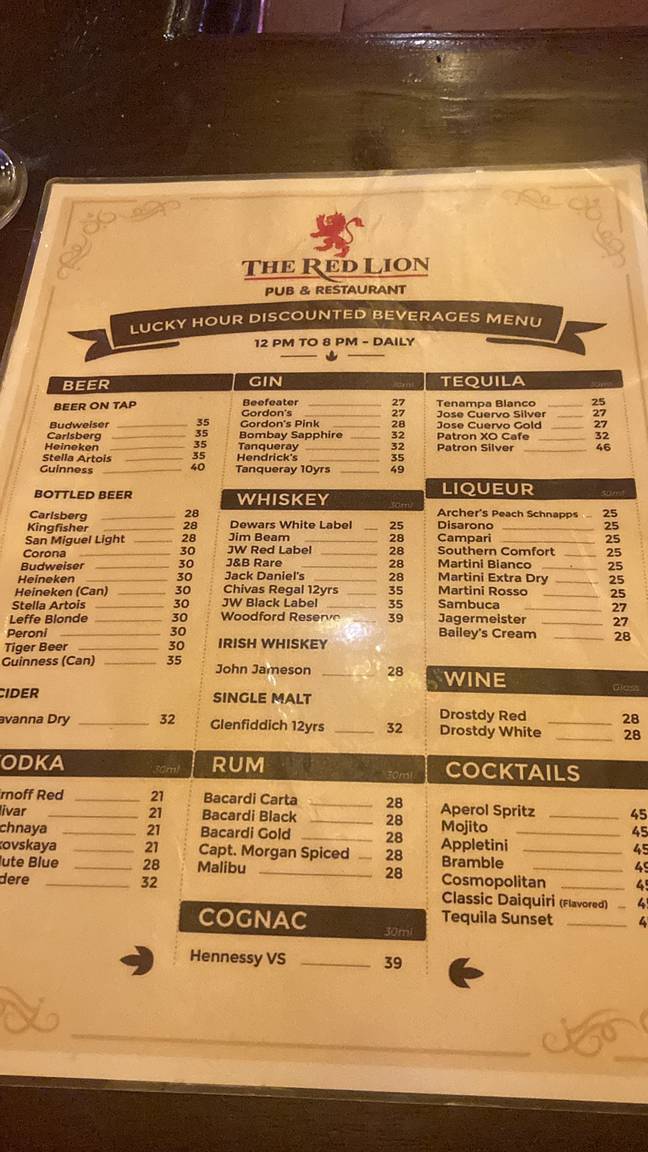 The menu prices are surprisingly decent. Credit: Twitter/@BazpLFC
