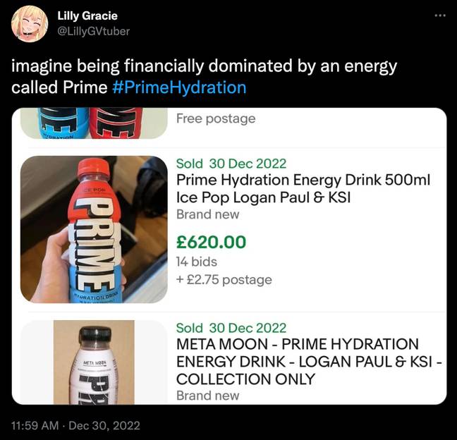 People have being going wild and paying extortionate amounts on Prime hydration drinks. Credit: @LillyGVtuber/ Twitter