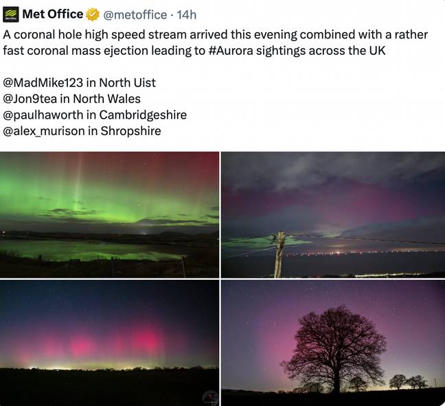 The lights were visible from across the UK on Sunday. Credit: @metoffice/Twitter