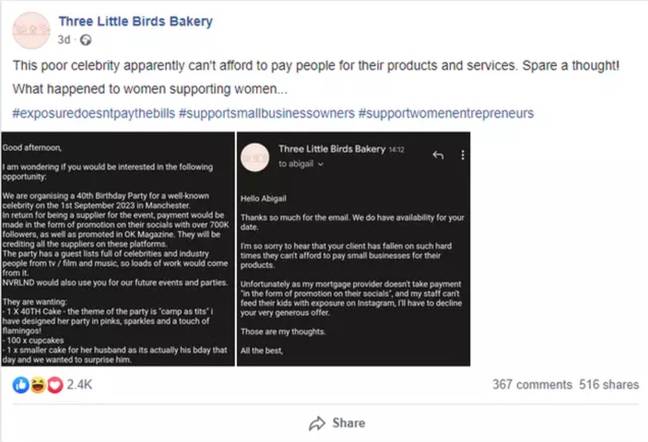 The Bradford bakery called out the company. Credit: Facebook/Three Little Birds Bakery