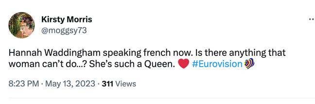 Eurovision fans were stunned by Waddingham's language skills. Credit: Twitter/@moggsy73
