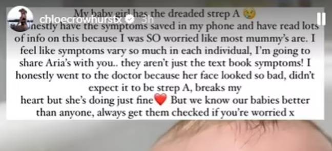 Chloe shared her daughter's symptoms on Instagram. Credit: @chloecrowhurstx/Instagram