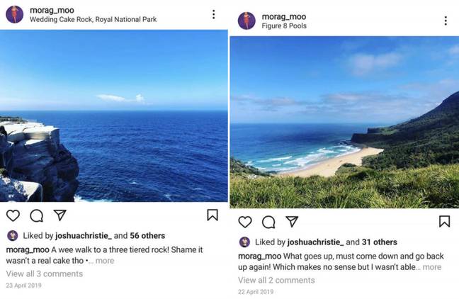 The screenshots suggest Josh has 'liked' some of Morag's old pictures (Credit: Facebook/ @morag_moo/Instagram