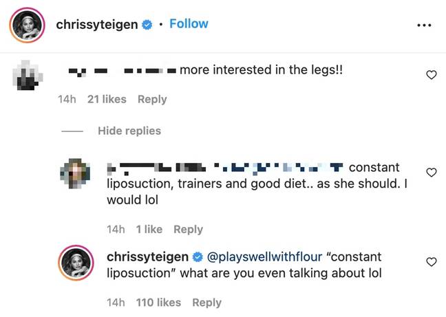 The television personality, 36, took to Instagram to share her love for her Area denim shorts, while a commenter alleged that ‘constant liposuction’ is the key to Chrissy’s long legs (Instagram)