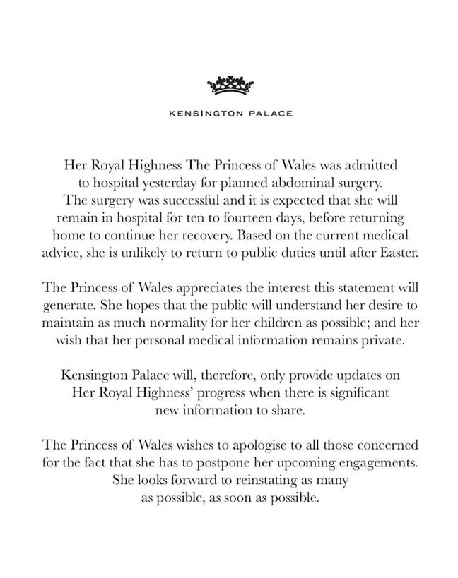 Kensington Palace released this statement on Instagram. Credit: Instagram/@princeandprincessofwales