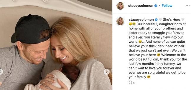 Stacey and Joe surprised fans with the news of their new arrival. Credit: @staceysolomon/Instagram