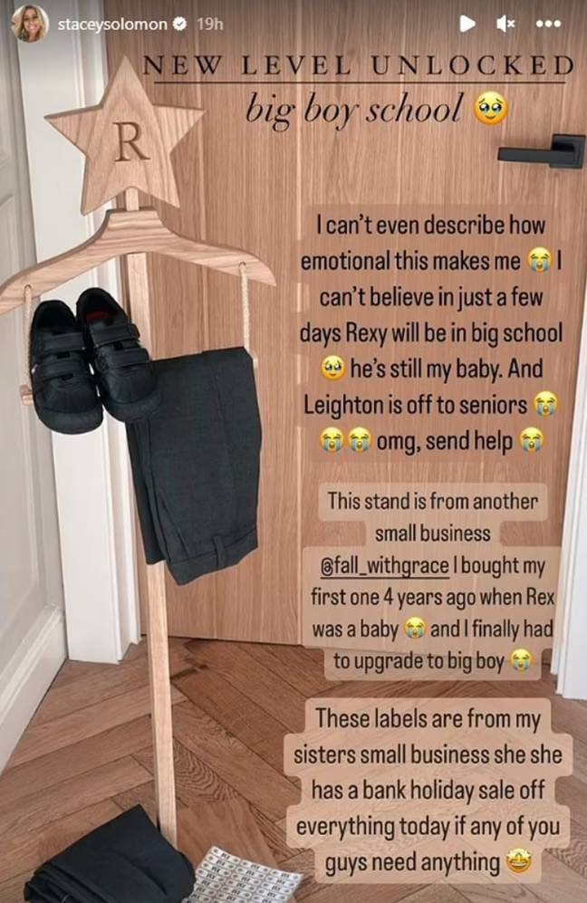 Stacey Solomon has opened up about how emotional she is over Rex starting school. Credit: Instagram/@staceysolomon