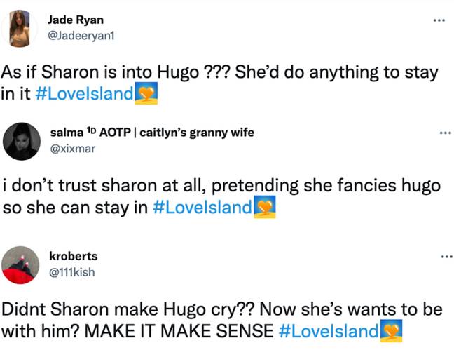 Love Island fans flocked to Twitter after Sharon revealed her true feelings for Hugo (Credit: Twitter)