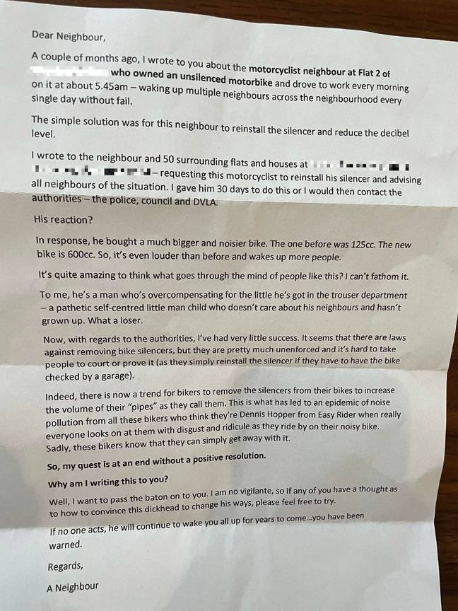 The letter was posted to all the neighbours (Credit: Reddit)