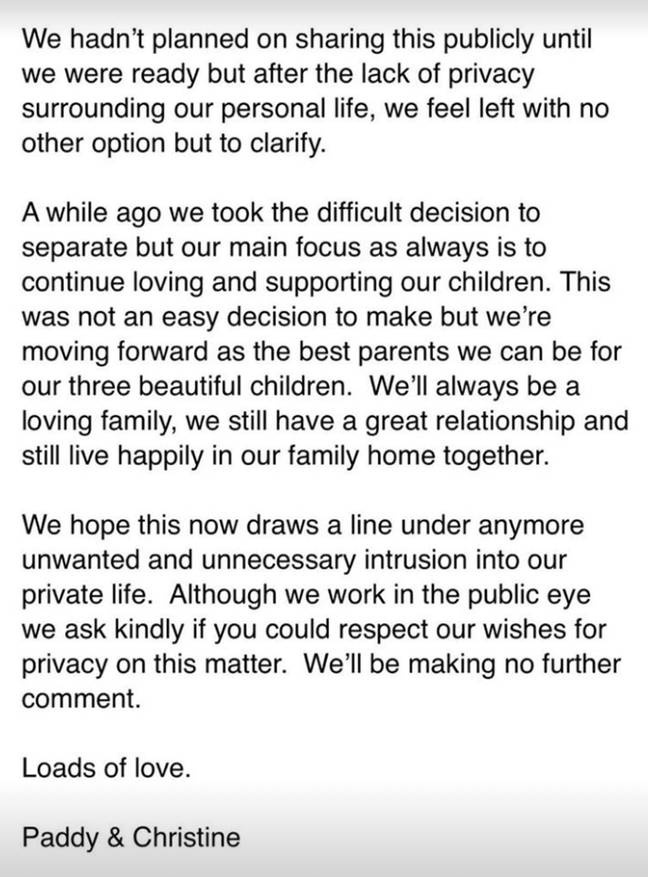 Christine took to social media to announce that she and her husband Paddy have officially separated. Credit: Instagram/@mrscmcguinness