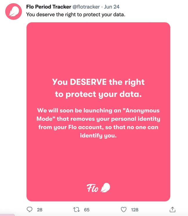 Following the bill being overturned, many apps like Flo, Clue and Natural Cycles have released statements to reassure their users that their data is safe. Credit: @flotracker/Twitter