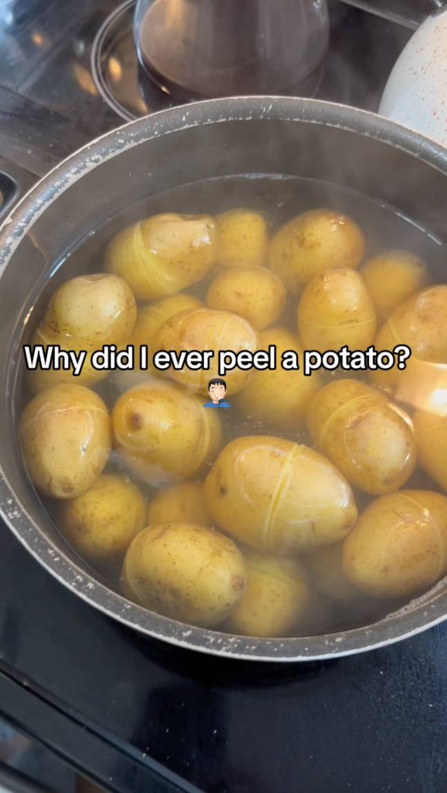 The woman scraped a line around the potatoes before boiling them. Credit: TikTok/@quitmyjob