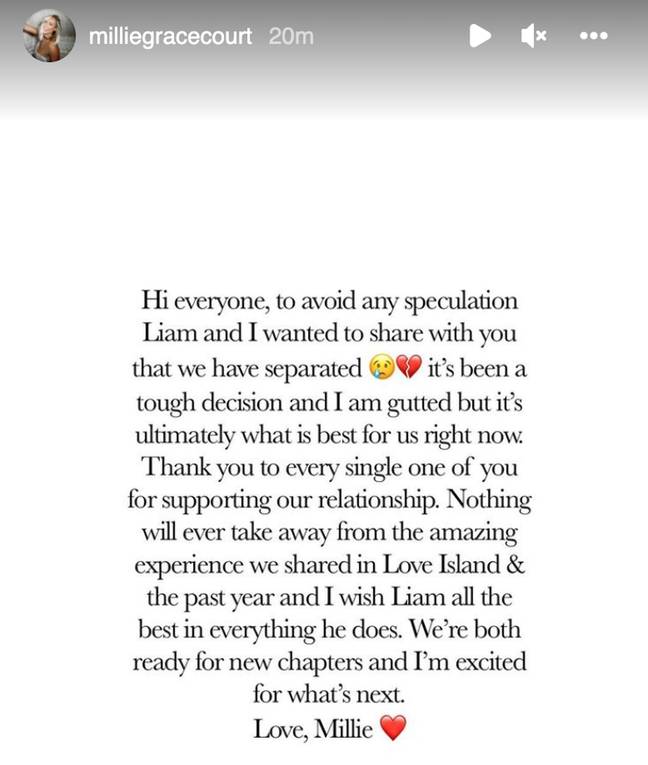 Millie released a statement on Instagram. Credit: @milliegracecourt/Instagram.