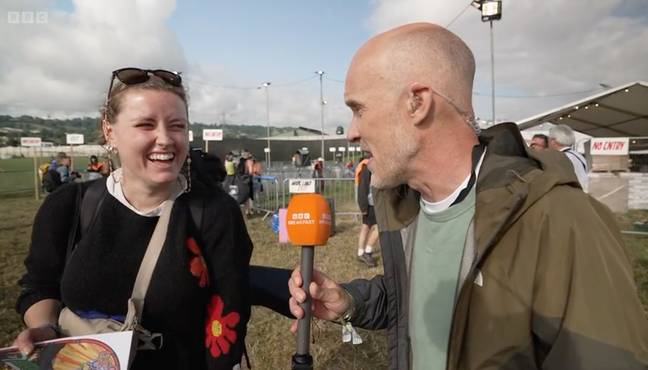 This Glasto-goer wasn't quite prepared to talk on live TV. Credit: BBC