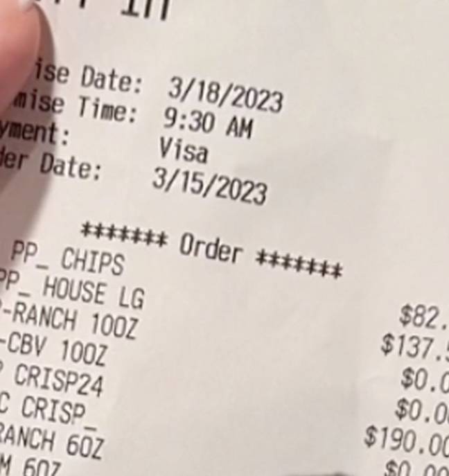 The receipt for the wedding catering. Credit: TikTok/brideisapersonality