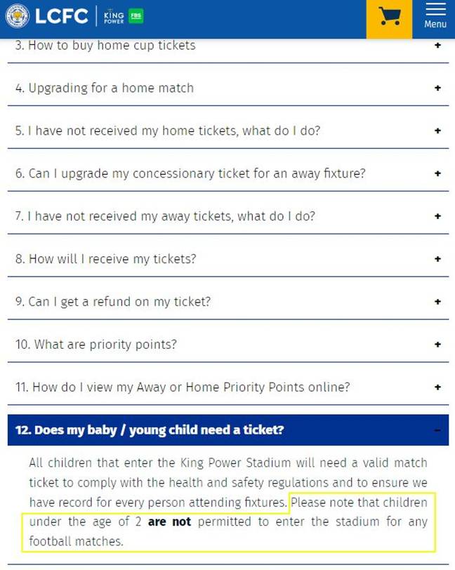 Leicester City's rules do say children younger than two aren't allowed in for games, though the mum and her baby were let into the stadium on the day. Credit: Kennedy/Leicester City