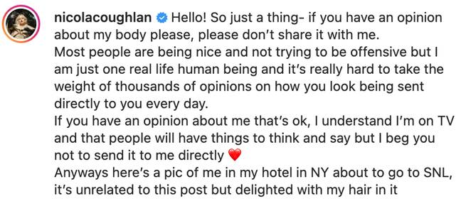 Nicola told fans to stop commenting on her body (Credit: nicolacoughlan/Instagram)